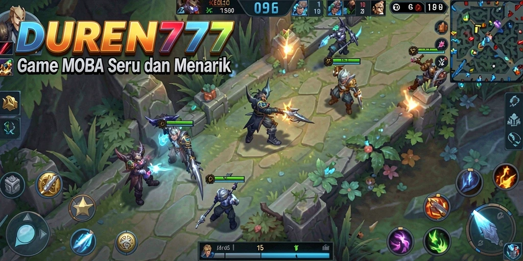 Screenshot DUREN777 menampilkan aksi pertempuran MOBA yang intens.