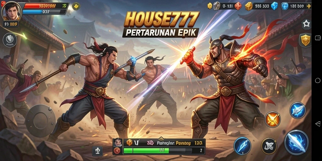 Screenshot utama HOUSE777 menampilkan pertarungan spektakuler antar karakter.
