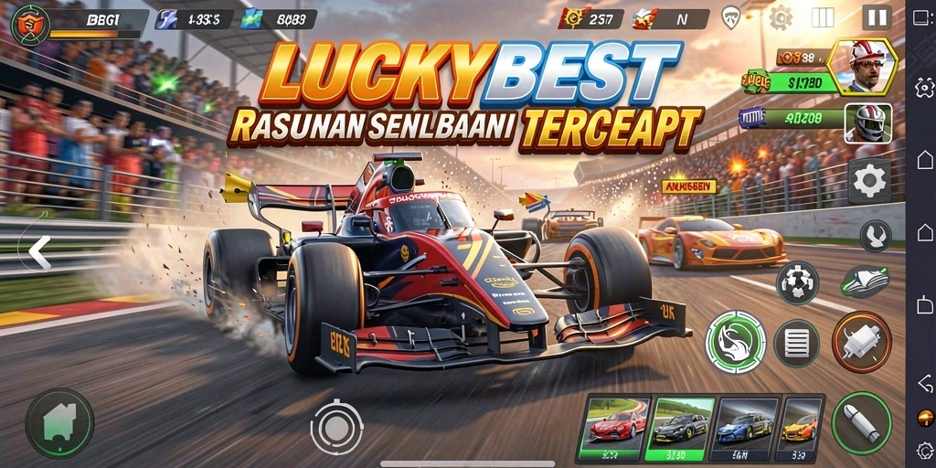 Screenshot gameplay <strong>LUCKYBEST</strong> dengan aksi balapan yang mendebarkan.