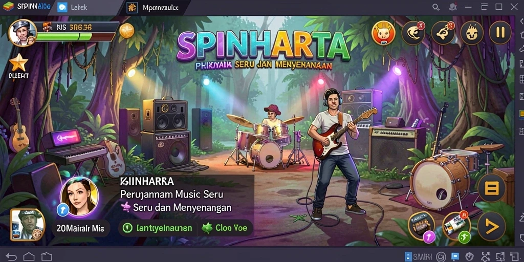 Tampilan gameplay seru di SPINHARTA dengan musik yang menggugah semangat.