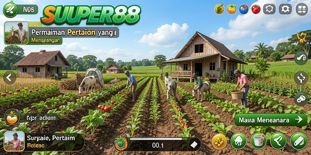 Gameplay SUPER88 menampilkan aktivitas bertani yang seru dan mendebarkan.