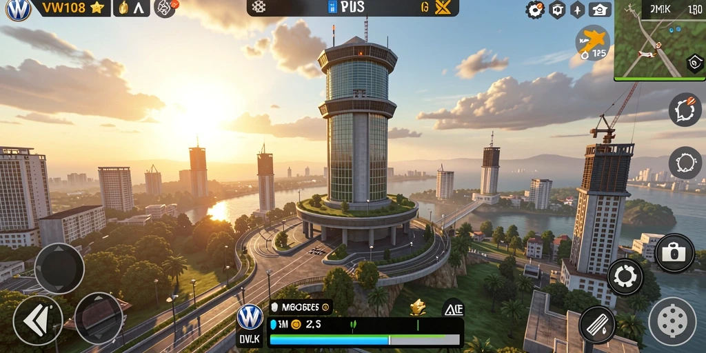 Gameplay seru VW108 menampilkan menara yang berstrategi melawan musuh.