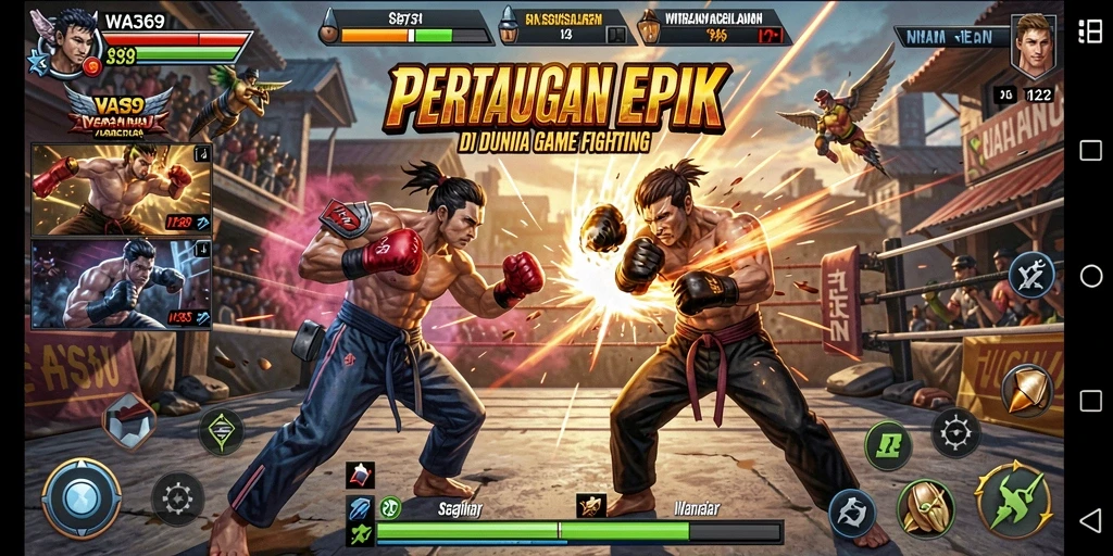 Tampilan gameplay WA369 dengan karakter bertarung di arena yang epik.