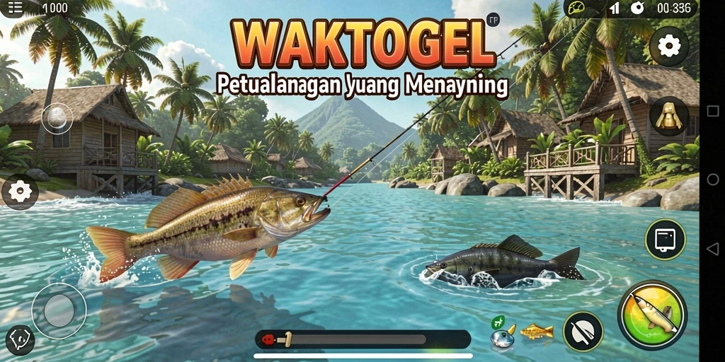 Gameplay WAKTOGEL yang seru saat memancing di laut.
